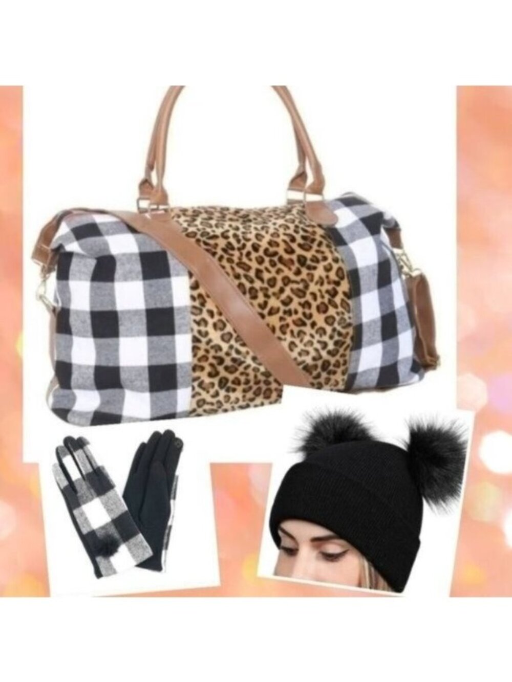 BUFFALO ANIMAL PRINT DUFFEL BAG/POM POM HAT & SMART GLOVES BUNDLE .  NEW